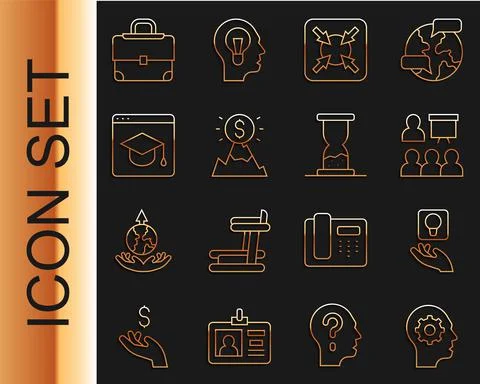 Set line Human head with gear inside, Light bulb, Training, presentation, Target Stock-Illustration