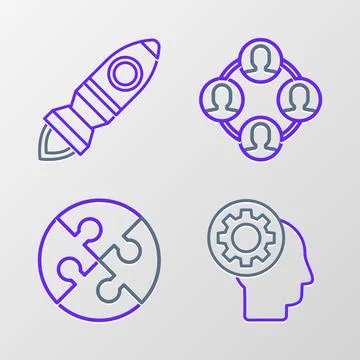 Set line Human head with gear inside, Piece of puzzle, Project team base and Stock Illustration
