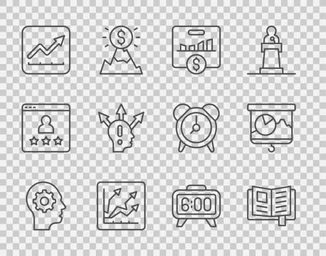 Set line Human head with gear inside, Reading book, Key performance indicator Stock Illustration