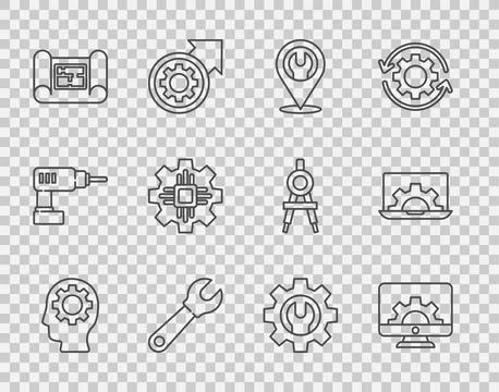 Set line Human head with gear inside, Computer monitor and, Location wrench.. Stock Illustration