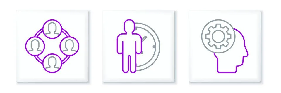 Set line Human head with gear inside, Project team base and Time Management.. Stock Illustration