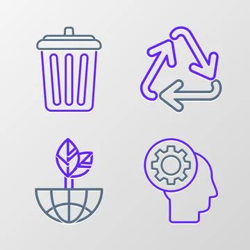 Set line Human head with gear inside, Earth globe and leaf, Recycle symbol .. Stock Illustration