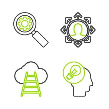 Set line Human head with lamp bulb, Ladder leading to cloud, Project team base イラスト素材