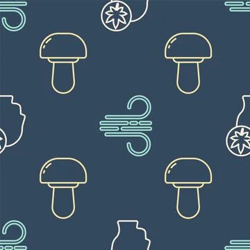 Set line Human head with leaf, Mushroom and Wind on seamless pattern. Vector イラスト素材