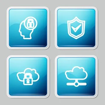 Set line Human head with lock, Shield check mark, Cloud computing and Network Illustrazione stock