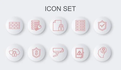 Set line Human head with lock, Cloud computing, Document and, Tablet exclamation Stock Illustration