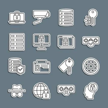Set line Human head with lock, Safe, Password protection, Server, Data, Web Stockillustratie