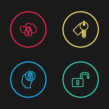 Set line Human head with lock, Open padlock, Marked key and Cloud computing icon Stock Illustration