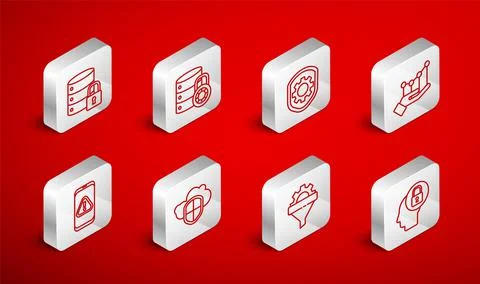 Set line Human head with lock, Server security, Shield settings gear, Pie cha Stock Illustration