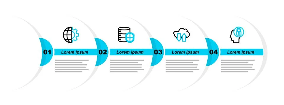 Set line Human head with lock, Cloud download and upload, Server shield and Stock Illustration