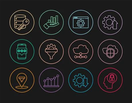 Set line Human head with lock, Cloud and shield, Browser setting, Sales fun.. Illustrazione stock