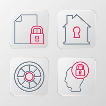 Set line Human head with lock, Safe, House under protection and Document an.. Illustrazione stock