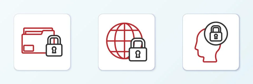 Set line Human head with lock, Folder and and Global lockdown icon. Vector Stock Illustration