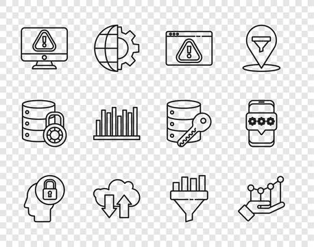 Set line Human head with lock, Pie chart infographic, Browser exclamation m.. Illustrazione stock