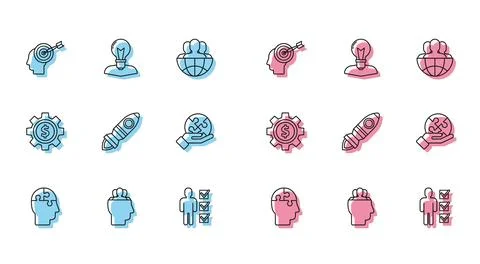 Set line Human head puzzles strategy, Project team base, Head hunting concept Stock Illustration