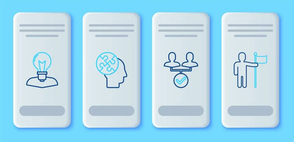 Set line Human head puzzles strategy, Project team base, with lamp bulb and.. Stock Illustration