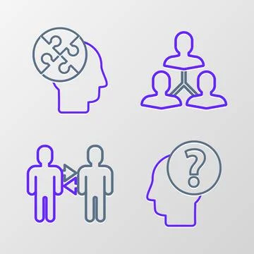 Set line Human head with question mark, Project team base, and puzzles strategy Illustrazione stock