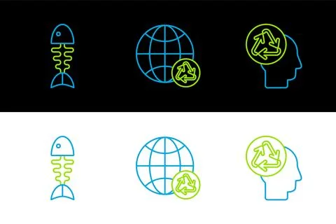 Set line Human head with recycle, Fish skeleton and Planet earth and recycl.. Stock Illustration