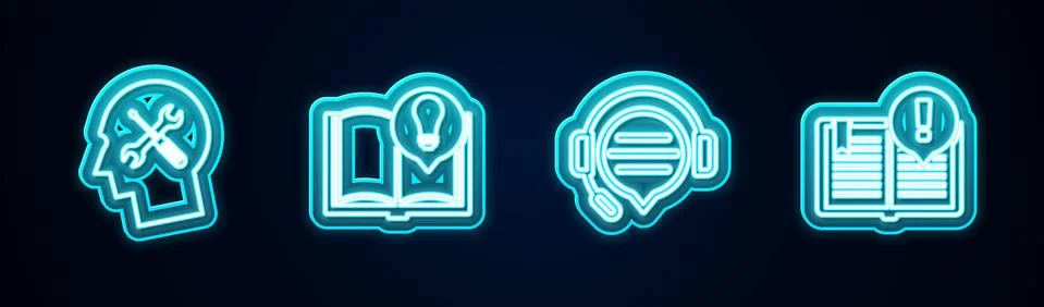 Set line Human head service, Interesting facts, Headphones with speech bubble Stock Illustration