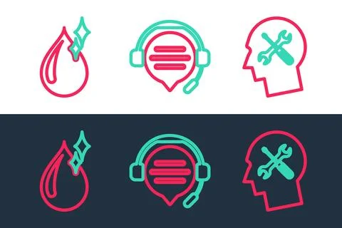 Set line Human head service, Clean water drop and Headphones with speech bubble イラスト素材