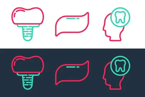 Set line Human head with tooth, Dental implant and Toothpaste icon. Vector Stockillustratie