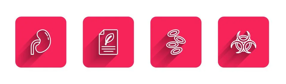 Set line Human kidney, Eco paper with leaf, Hemoglobin and Biohazard symbol with Stock Illustration
