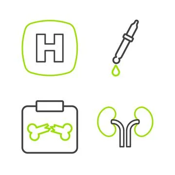 Set line Human kidneys, X-ray shots with broken bone, Pipette and Hospital Stock Illustration