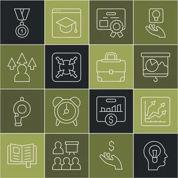 Set line Human with lamp bulb, Financial growth increase, Chalkboard chart Stock-Illustration