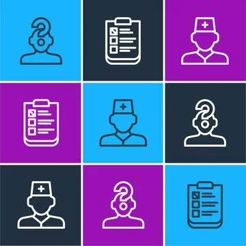 Set line Human with question mark, Male doctor and Psychological test icon Illustrazione stock