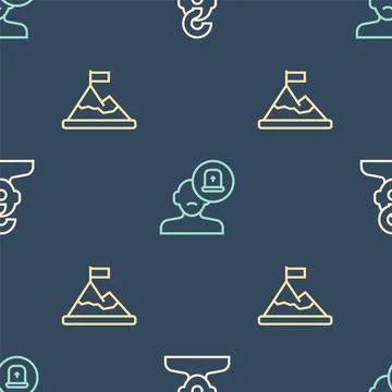 Set line Human with question mark Mountains flag top and Male doctor on seaml Stock Illustration