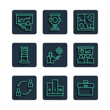 Set line Human resources, Award over winner podium, Briefcase, Folded map w.. Ilustração Stock