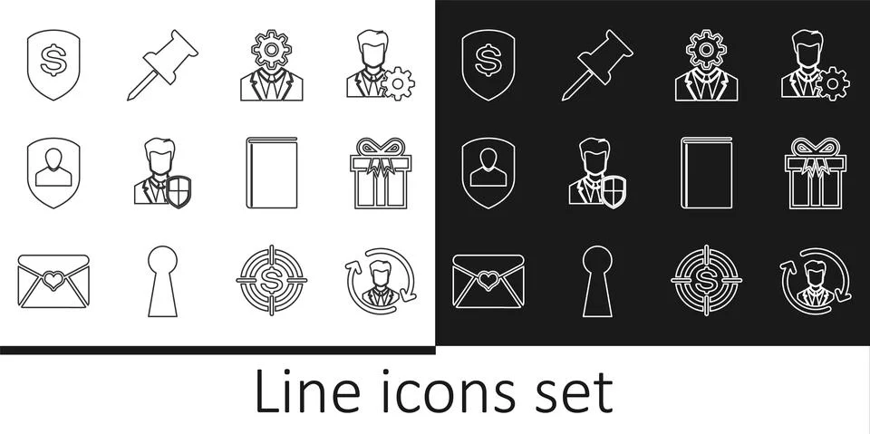 Set line Human resources, Gift box, Head with gear inside, User protection Stock Illustration