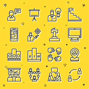 Set line Human resources, Worker location, Computer monitor, with lamp bulb 스톡 일러스트