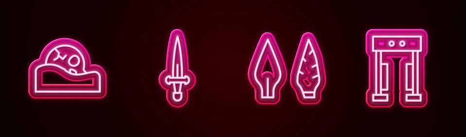 Set line Human skull, Dagger, Stone age arrow head and Metal detector. Glowin Stock Illustration
