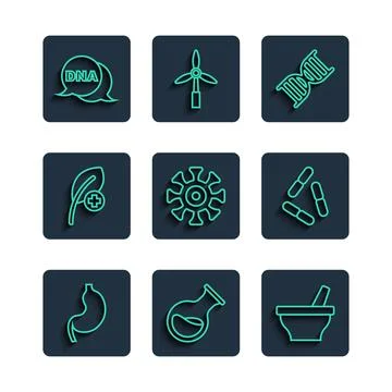Set line Human stomach Test tube and flask Mortar pestle DNA symbol Bacteria  Stock Illustration