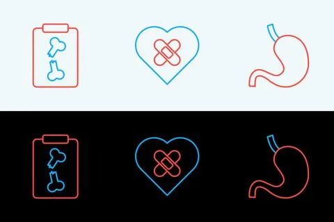 Set line Human stomach, X-ray shots and Healed broken heart icon. Vector Stock Illustration