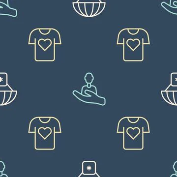 Set line Humanitarian aid, Clothes donation and Caring for people on seamless Illustrazione stock