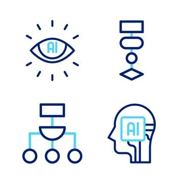 Set line Humanoid robot, Algorithm,  and Artificial intelligence AI icon. V.. Illustrazione stock