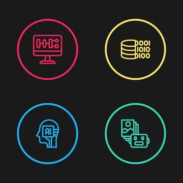Set line Humanoid robot, Artificial intelligence, Binary code and Algorithm icon Stock Illustration