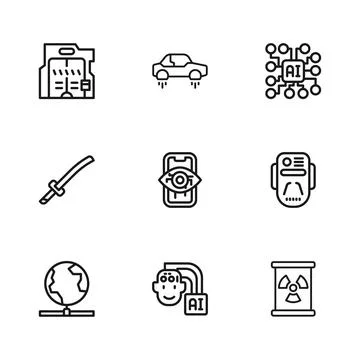 Set line Humanoid robot Artificial intelligence Radioactive waste barrel Comp Stock Illustration