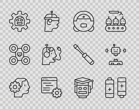 Set line Humanoid robot, Battery, Robot vacuum cleaner, Computer api interface 스톡 일러스트