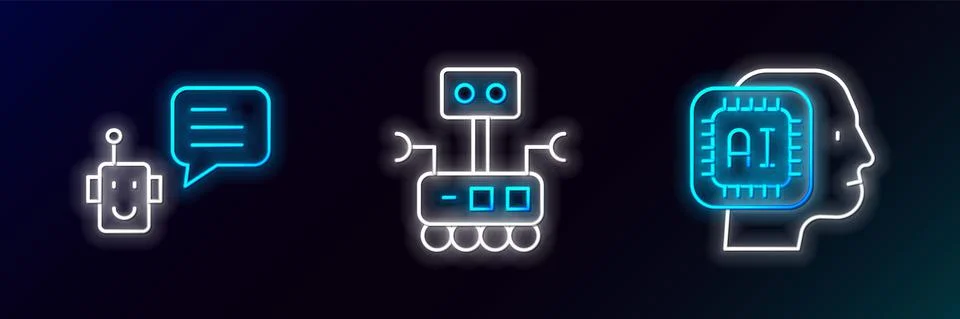 Set line Humanoid robot, Bot and Robot icon. Glowing neon. Vector 스톡 일러스트
