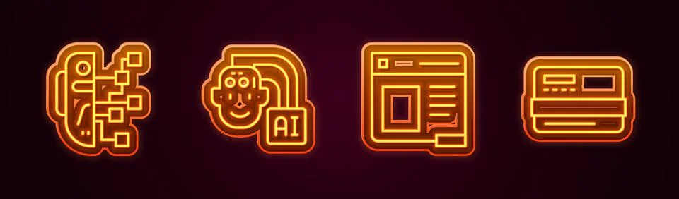 Set line Humanoid robot, Browser window and Credit card. Glowing neon icon Stockillustratie