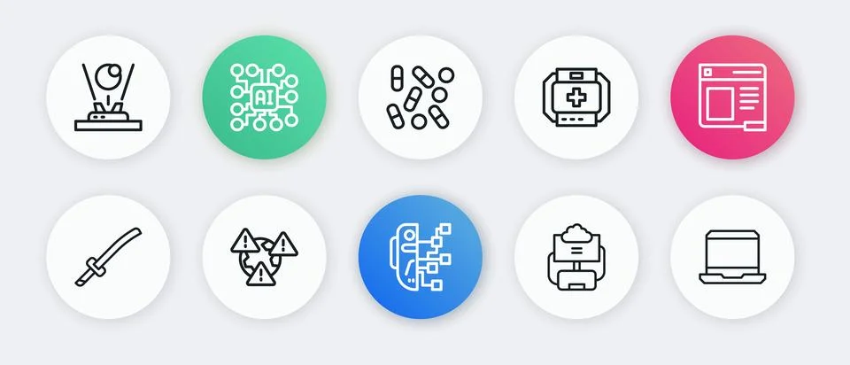 Set line Humanoid robot Browser window Katana Cloud database First aid kit Me Stock Illustration