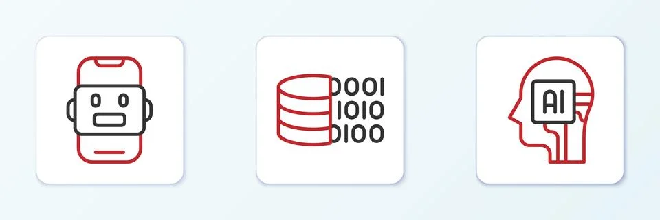 Set line Humanoid robot, Chat and Binary code icon. Vector Stock Illustration