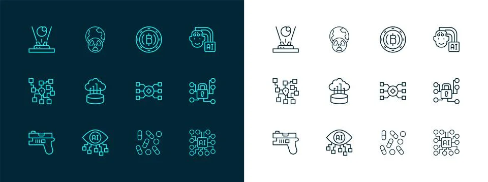 Set line Humanoid robot, Computer vision, Neural network, Medical pill bioh.. Stock-Illustration