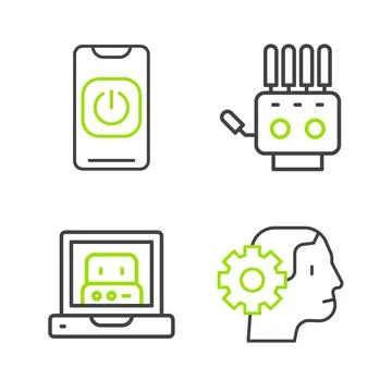 Set line Humanoid robot, Creating, Mechanical hand and Turn off from phone icon Illustrazione stock