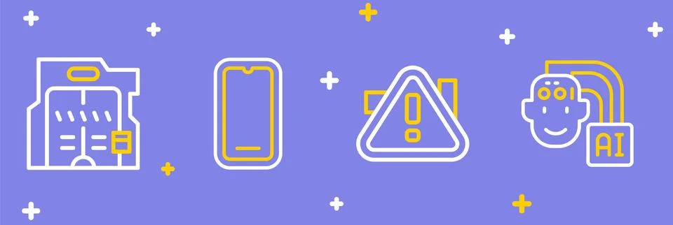 Set line Humanoid robot, Exclamation mark in triangle, Mobile phone and Fut.. Stock Illustration
