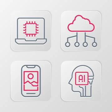 Set line Humanoid robot, Mobile phone, Network cloud connection and Processor Illustrazione stock