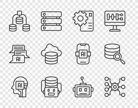 Set line Humanoid robot, Neural network, Artificial intelligence, Server, D.. 스톡 일러스트